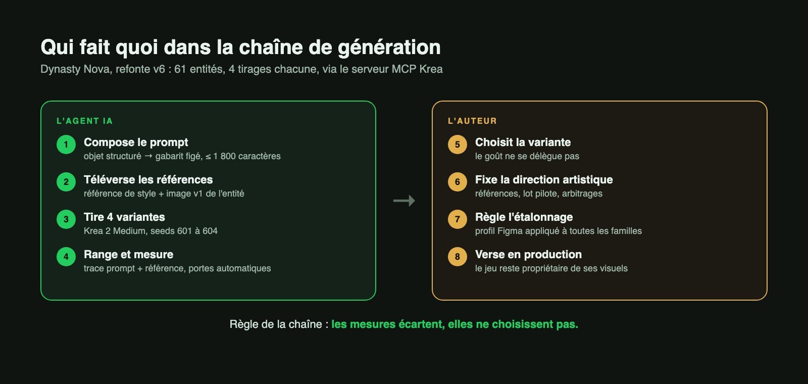 Schéma : l'agent IA compose, téléverse, tire quatre variantes et mesure ; l'auteur choisit, fixe la direction artistique, étalonne et verse en production