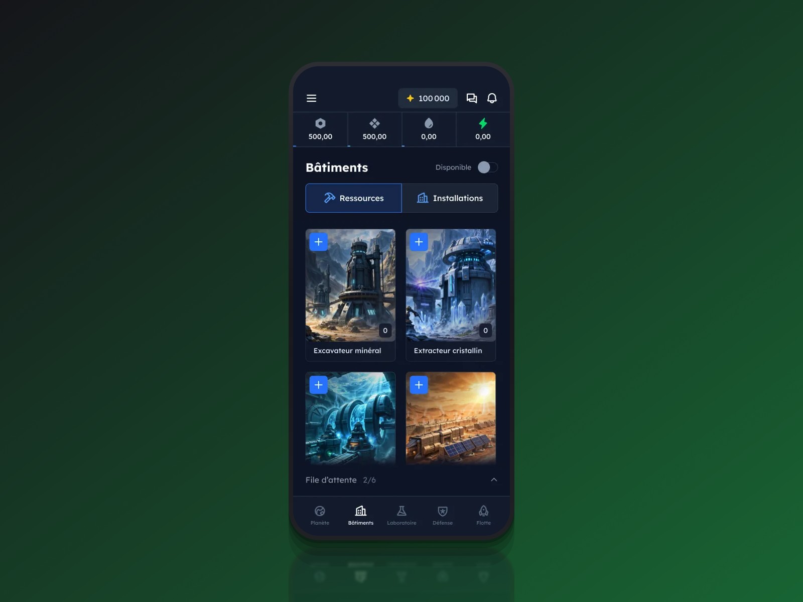Dynasty Nova mobile interface showing the buildings and resources screen