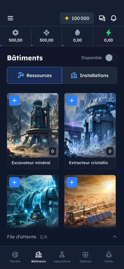 Interface mobile de Dynasty Nova avec écran des bâtiments et ressources