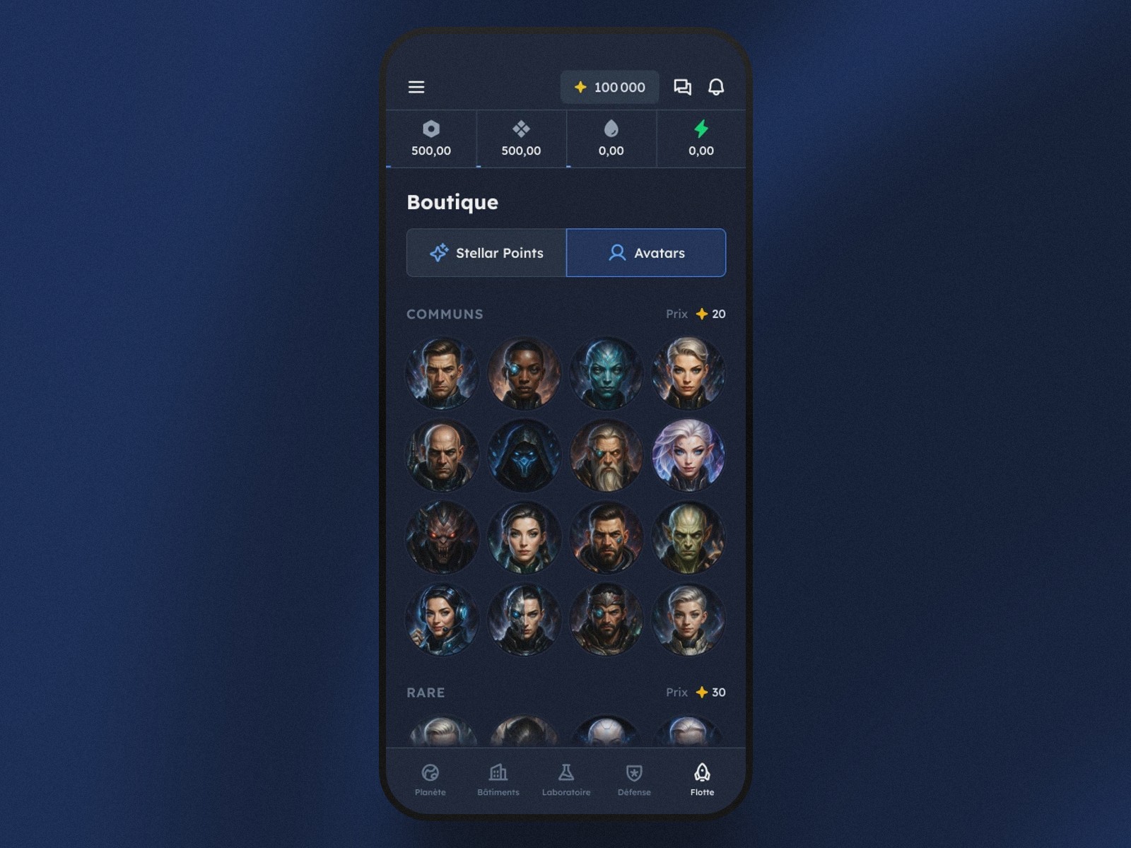 Customizable avatar selection in Dynasty Nova's shop
