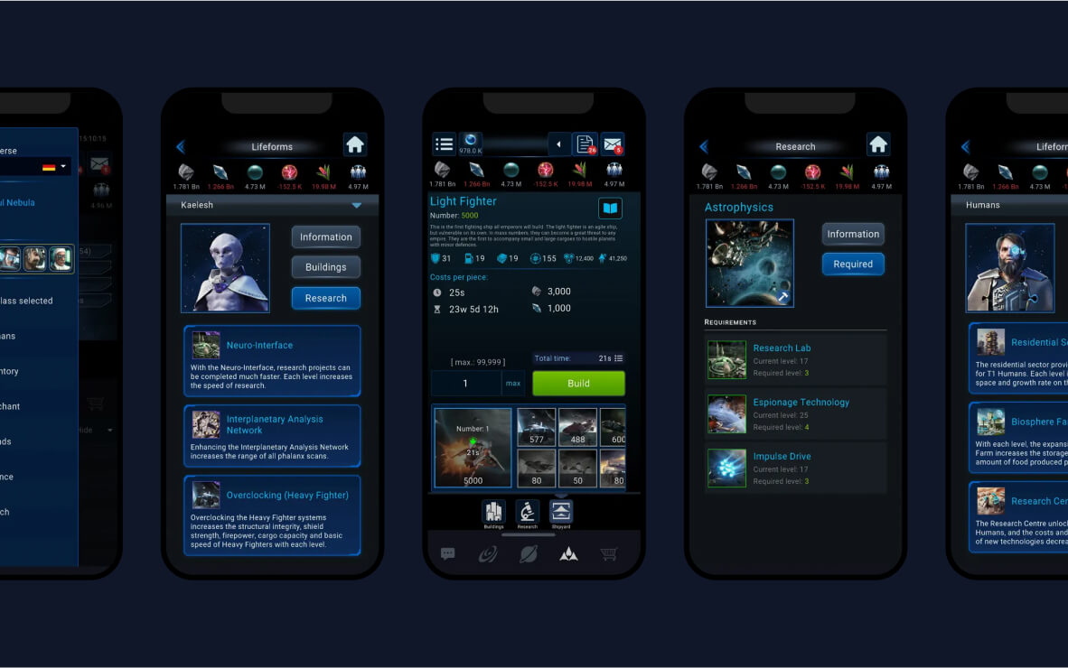 Interface de jeu spatial futuriste avec écrans de recherche et de construction