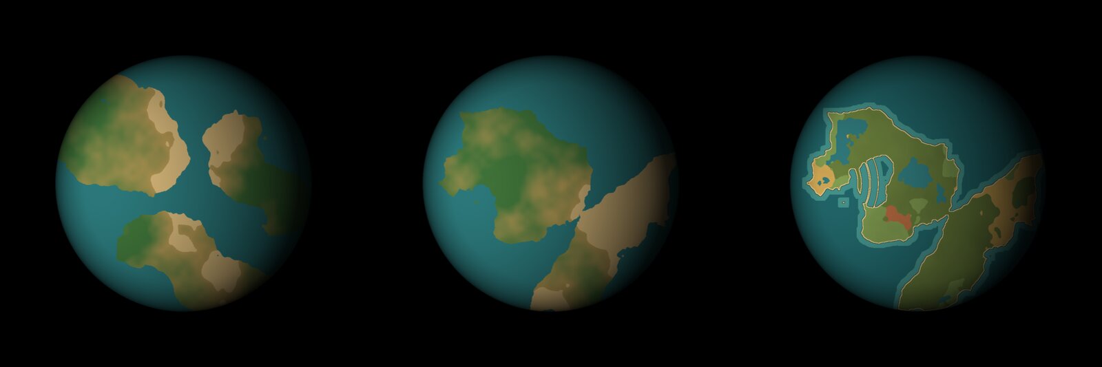 Trois cartes d'entrée synthétiques pour les planètes de Dynasty Nova : une carte rejetée qui évoque l'Afrique, une carte brute en aplats et la même carte peinte