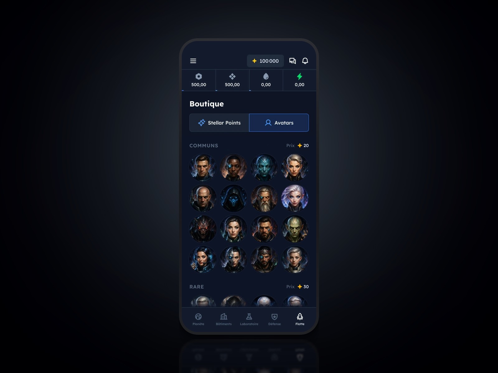 Boutique d'avatars personnalisables de Dynasty Nova avec système de rareté
