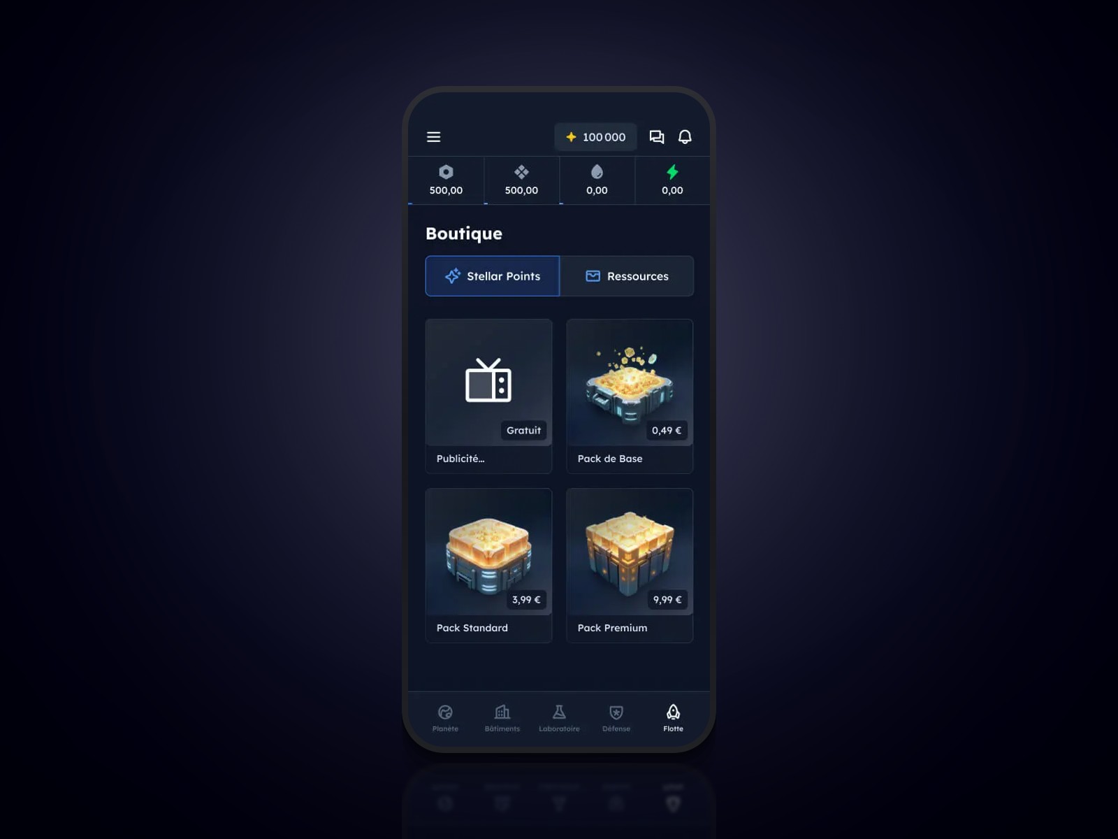 Boutique Stellar Points de Dynasty Nova avec option publicité gratuite et packs payants