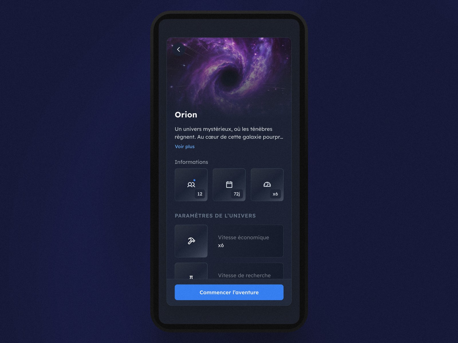 Fiche détaillée de l'univers Orion dans Dynasty Nova, avec les informations (12 joueurs, 72 jours, vitesse x6) et les paramètres de vitesse économique et de recherche