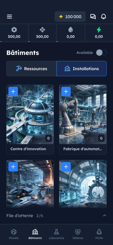 Écran des installations de Dynasty Nova avec centre d'innovation et fabrique d'automates