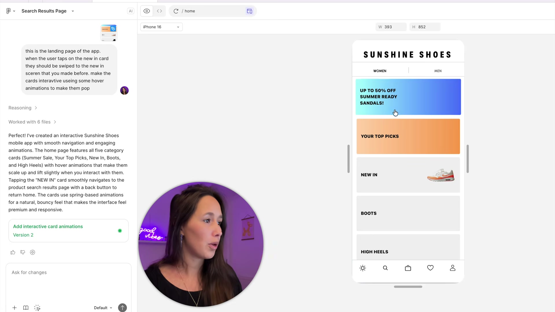 Interface Figma Make en mode Point and Edit, avec panneau de prompt et prévisualisation d'une application mobile