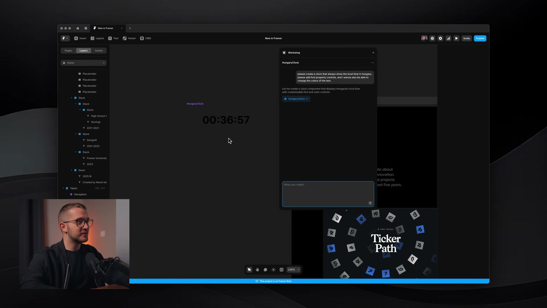 Fonctionnalité Workshop de Framer générant un composant horloge personnalisé via un prompt IA
