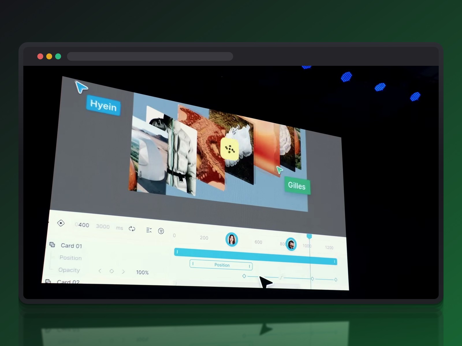 Timeline Figma Motion avec images clés de position sur plusieurs cartes