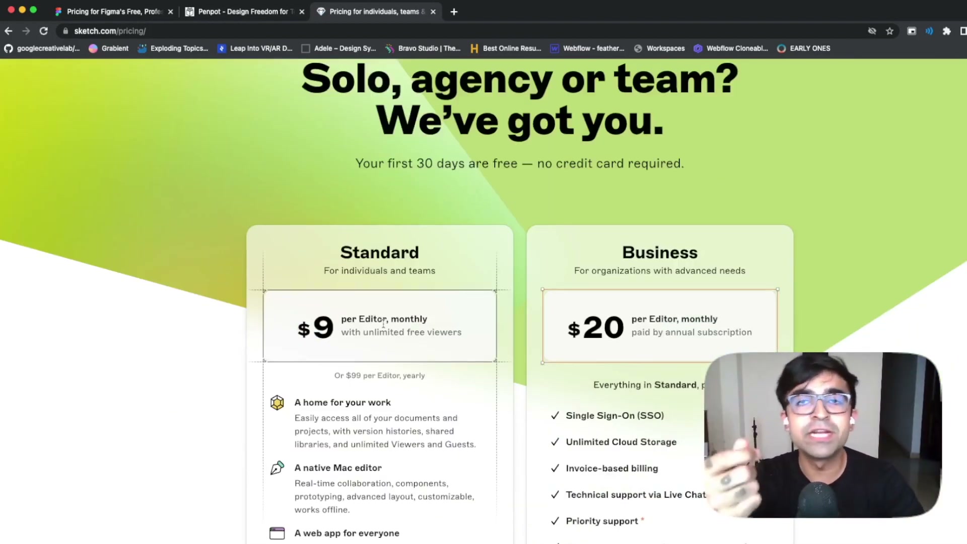 Page tarifaire de Sketch : palier Standard à 9$/mois et Business à 20$/mois par éditeur