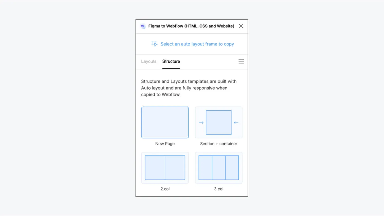 Figma to Webflow plugin with structure tab open