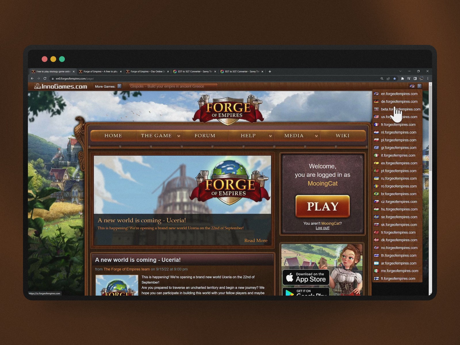 Menu de sélection des serveurs de Forge of Empires, listant chaque code régional (EN, DE, Beta, US…) sans expliquer les fuseaux horaires associés