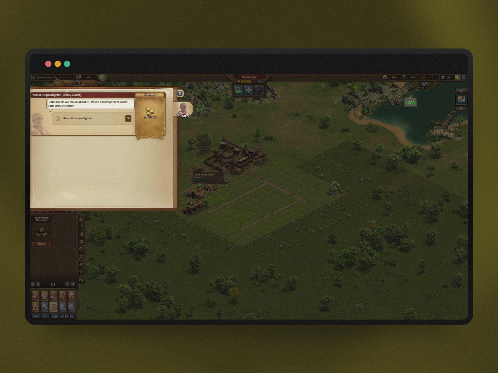 Ville de départ dans Forge of Empires avec une quête de recrutement de combattant à la lance et le menu de construction ouvert