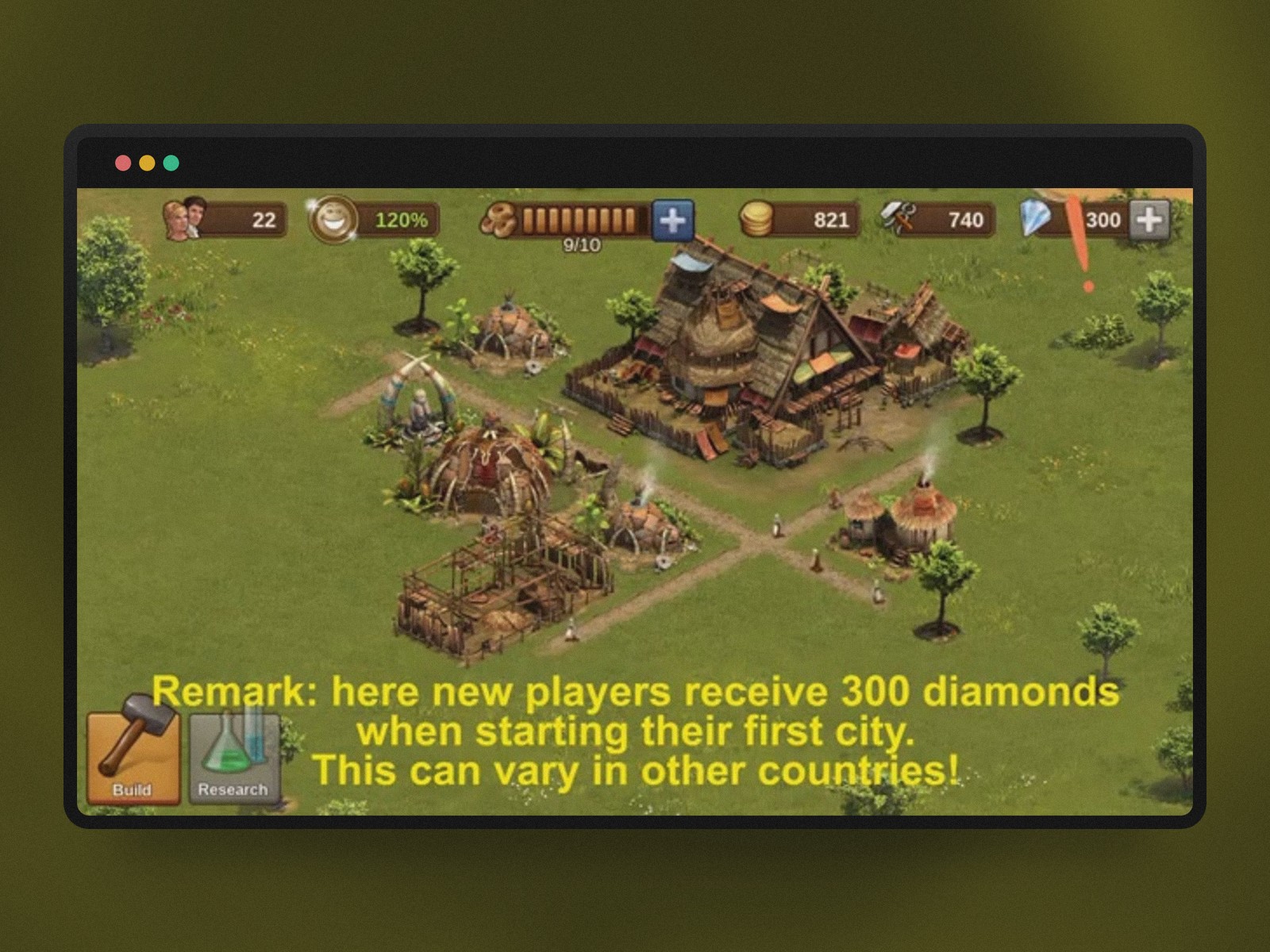 Interface de Forge of Empires indiquant que les nouveaux joueurs reçoivent 300 diamants à la création de leur première ville