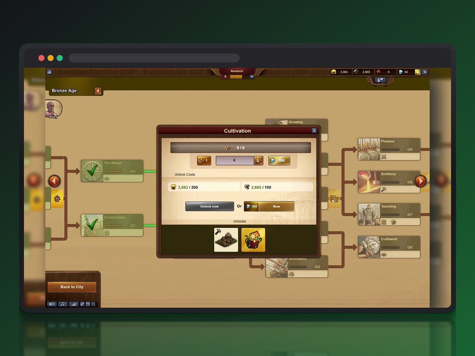 L'arbre technologique de Forge of Empires : chaque recherche propose un raccourci payant à côté du coût en ressources