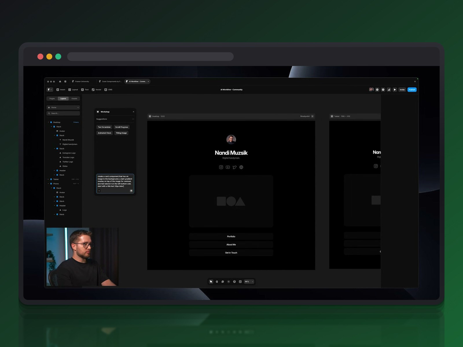 Panneau Workshop de Framer générant un composant de carte animée à partir d'un prompt IA