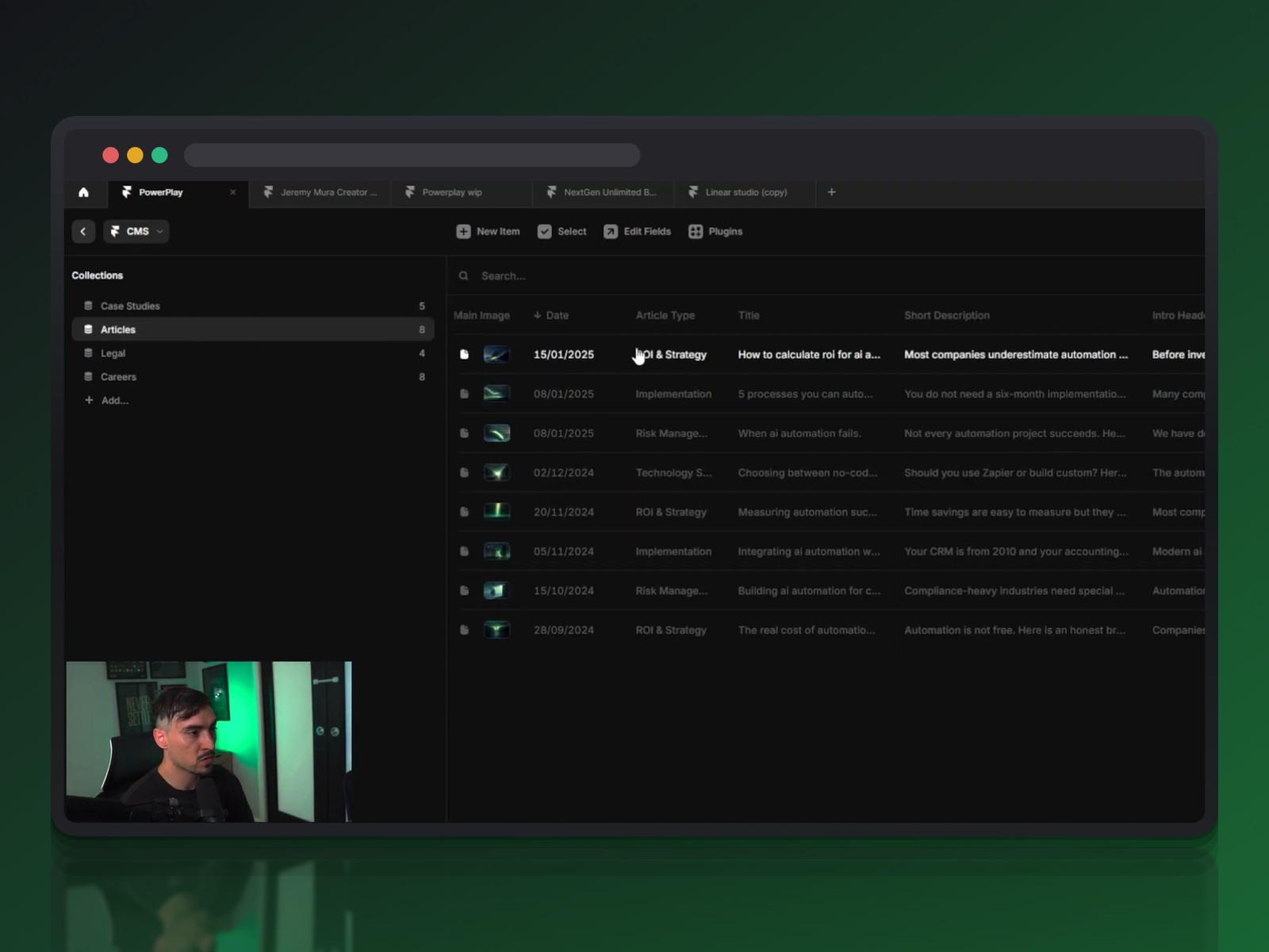 Vue des collections CMS dans Framer, avec liste d'articles, dates et métadonnées