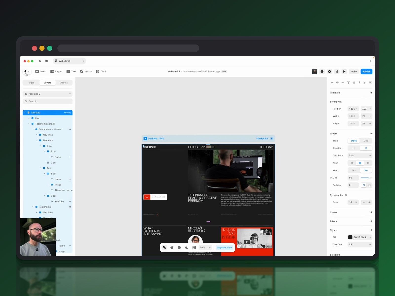 Refonte d'un site sur Framer avec un composant carrousel généré par IA (InfiniteCarousel) dans le panneau des propriétés