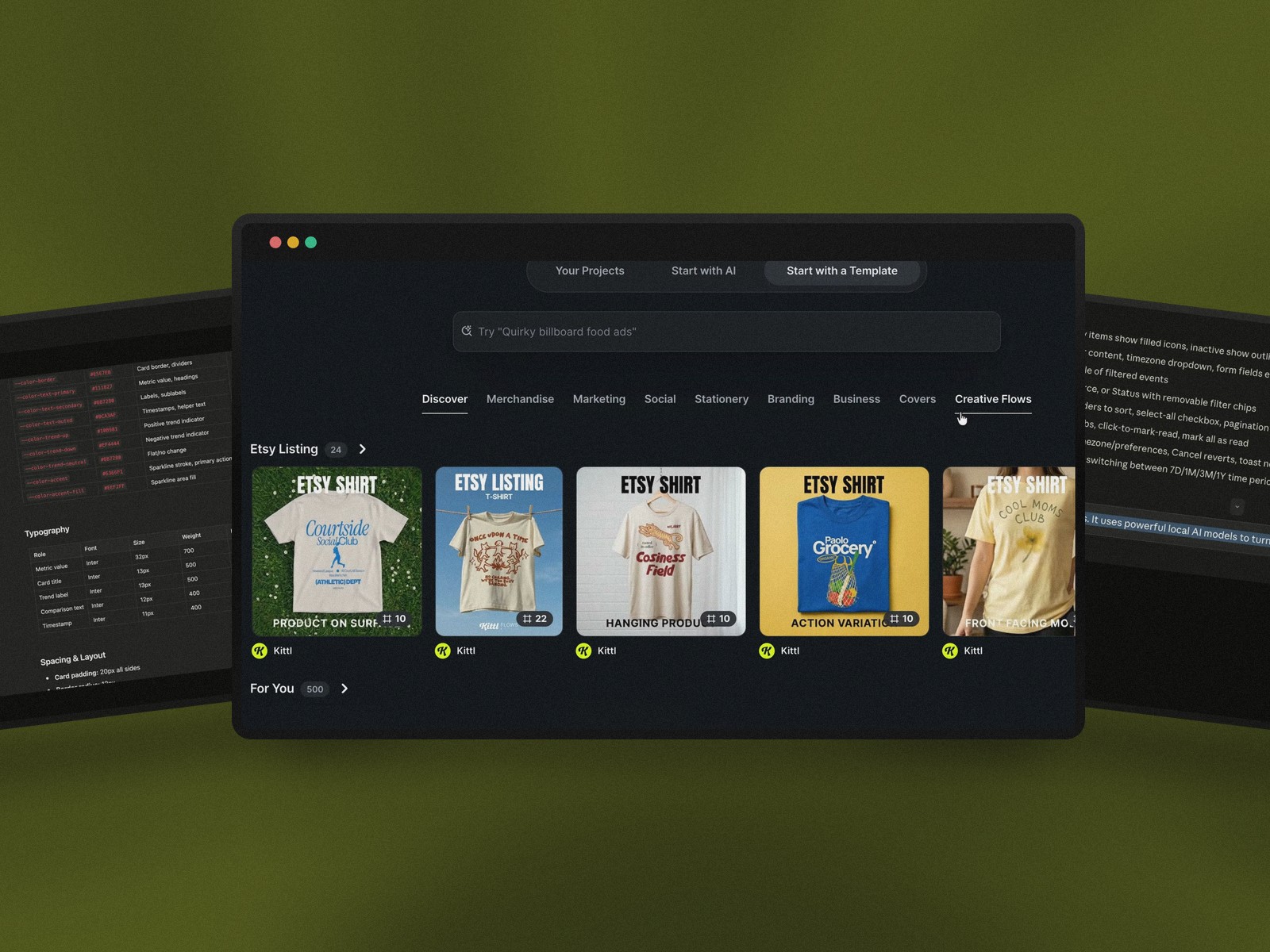 Notion utilisé comme hub de spécifications de design, Kittl pour la création graphique par prompt et Spokenly pour la dictée vocale