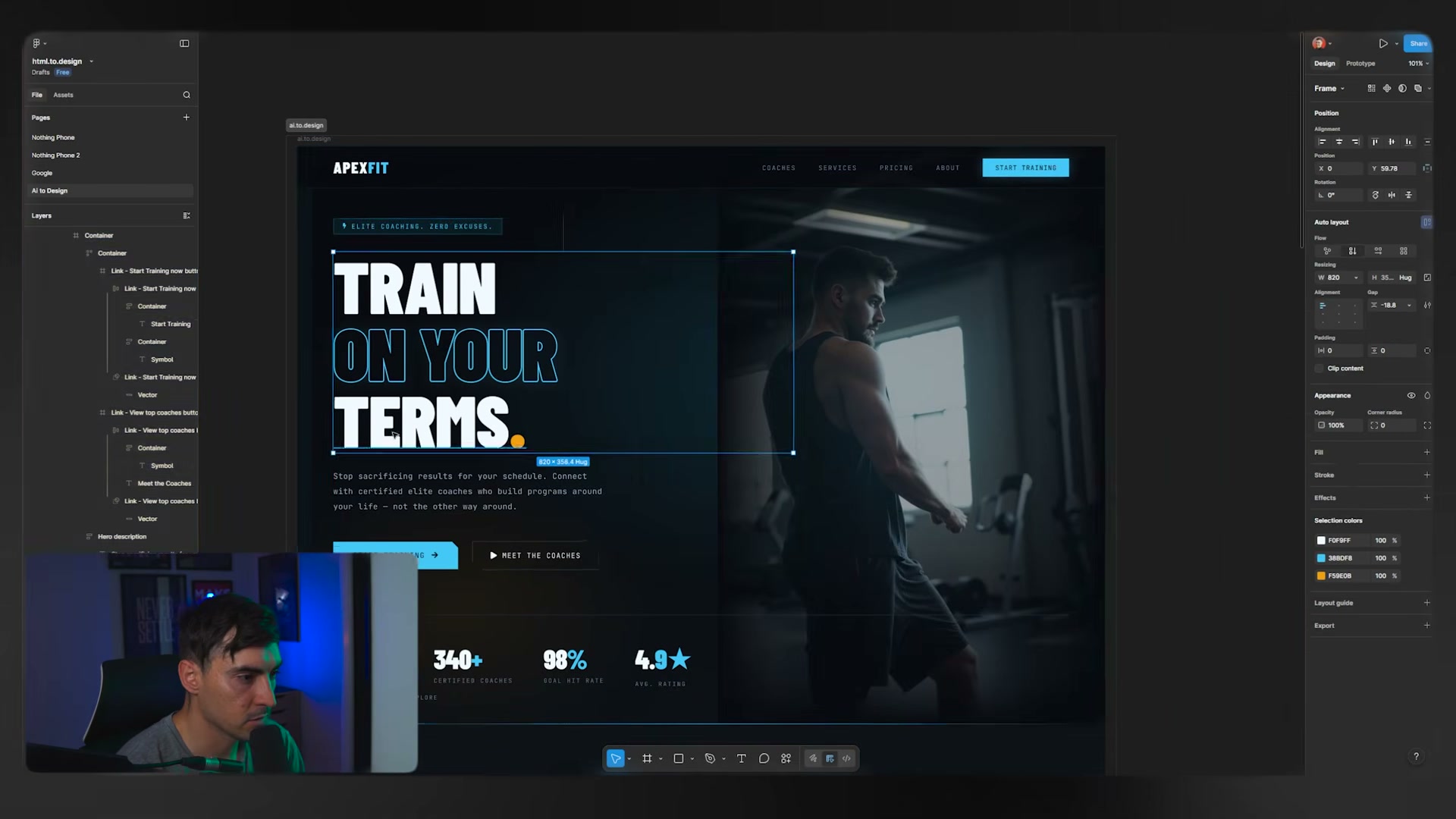 Landing page « Apex Fit » générée par IA (AI to design) à partir d'un simple prompt, avec Auto Layout appliqué dans Figma