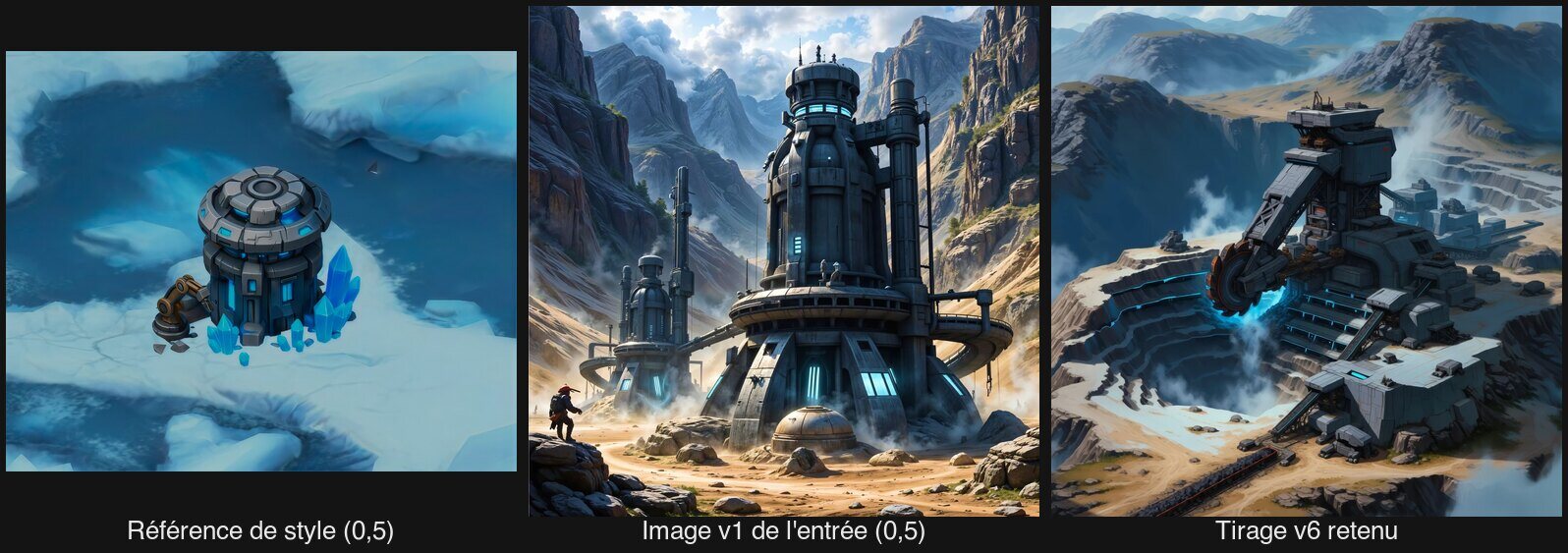 Référence de style sur banquise, image v1 réaliste de l'excavateur minéral et tirage v6 peint obtenu en combinant les deux