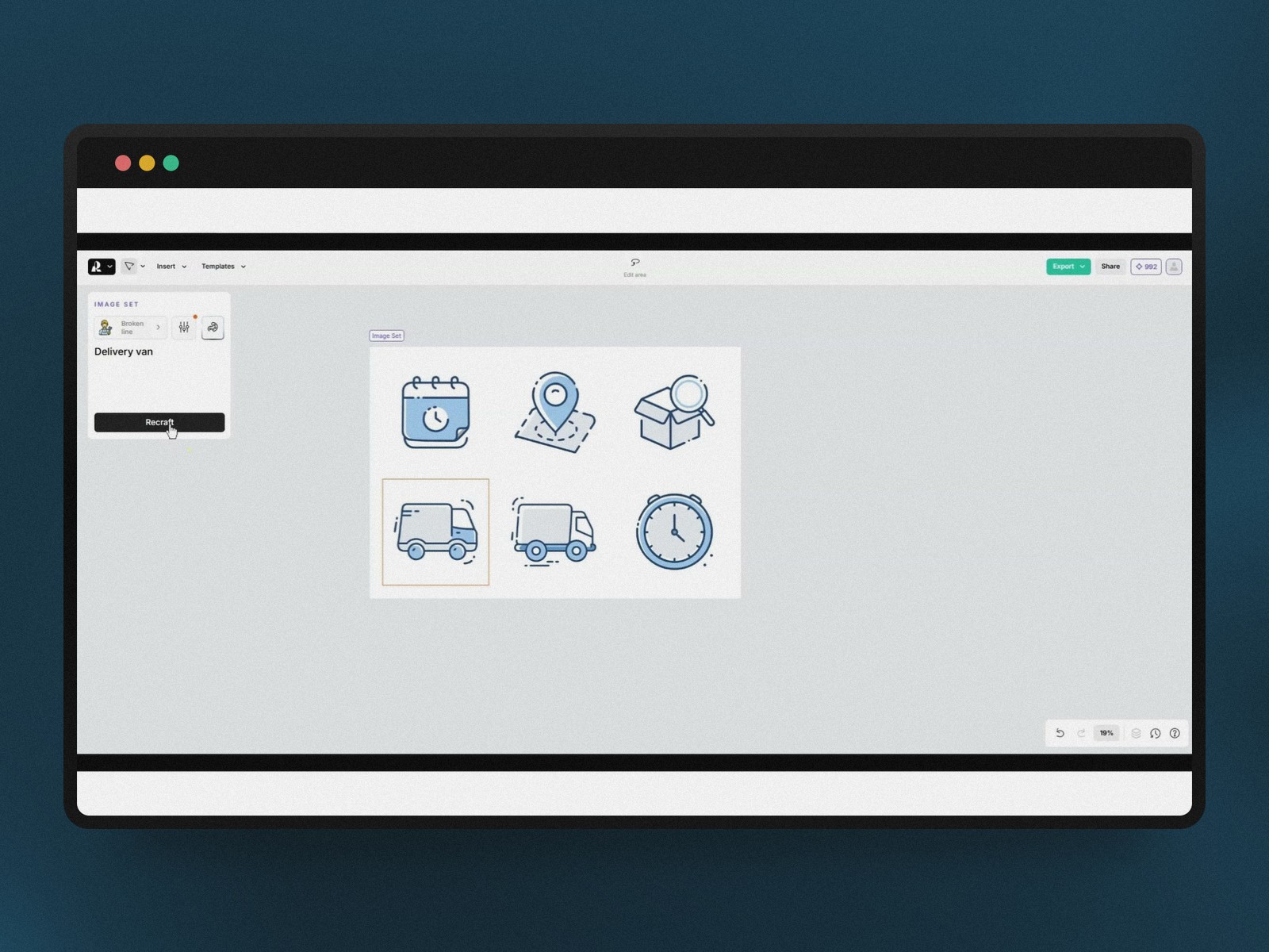 Set d'icônes générées avec un style et une palette cohérents dans Recraft AI