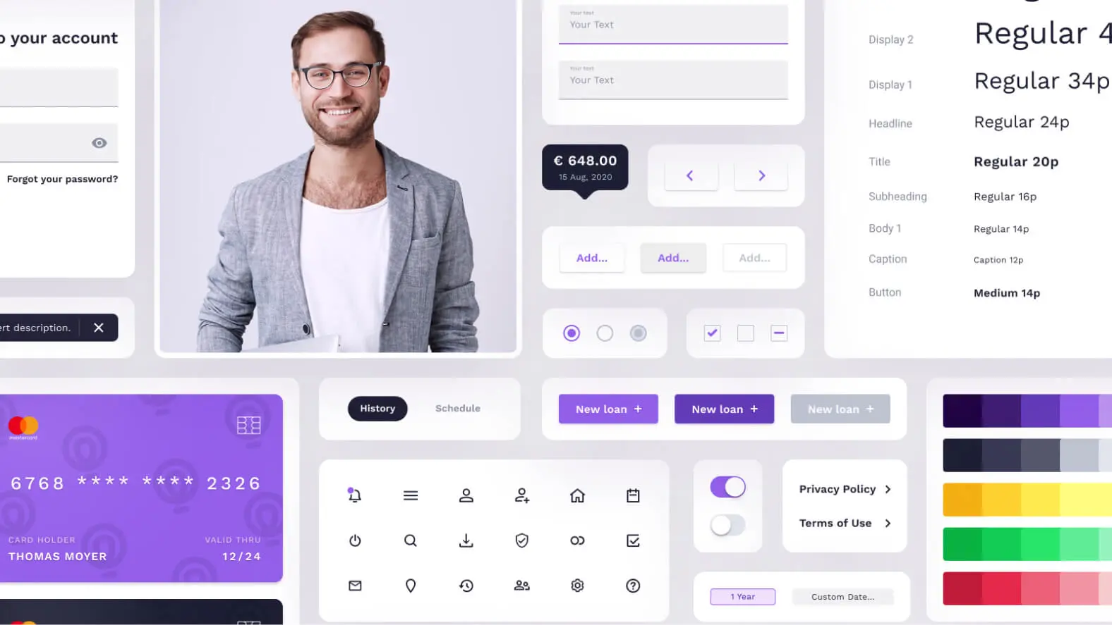 A purple UI kit with a man in glasses.