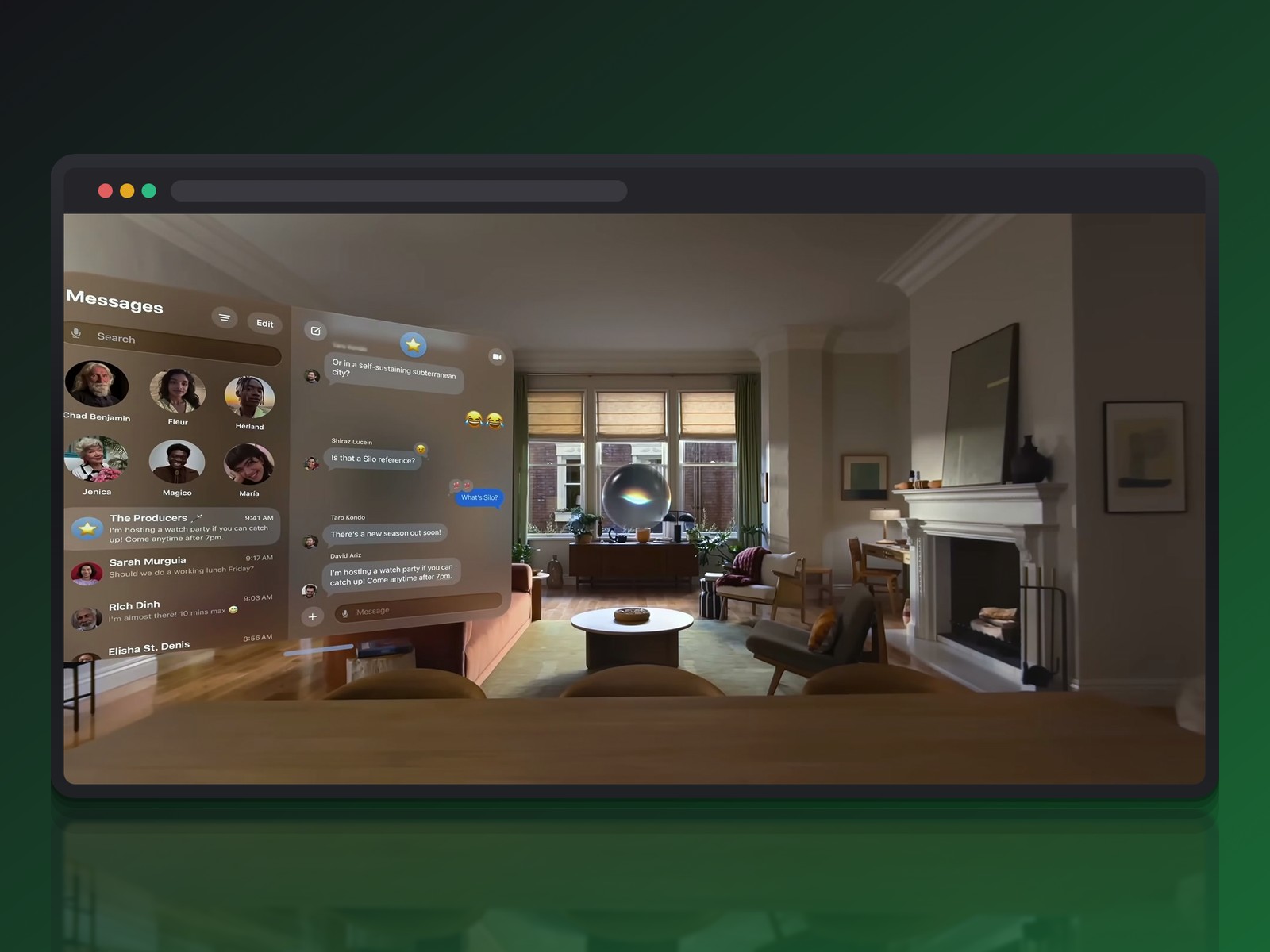 Panneaux Liquid Glass translucides de l'app Messages flottant dans un salon, sur Vision Pro