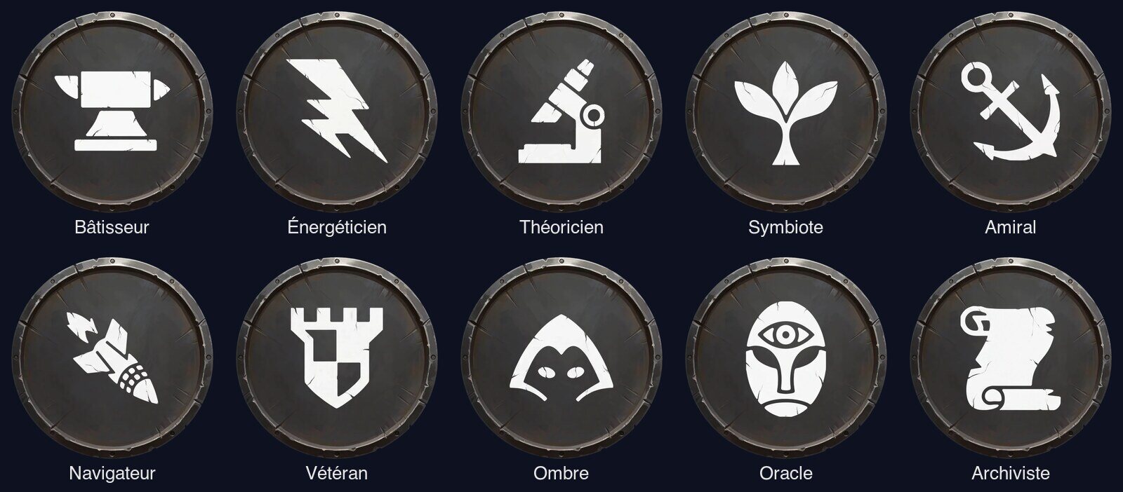 Dix médaillons de classe de Dynasty Nova, même support gris acier, icône blanche différente pour chaque classe