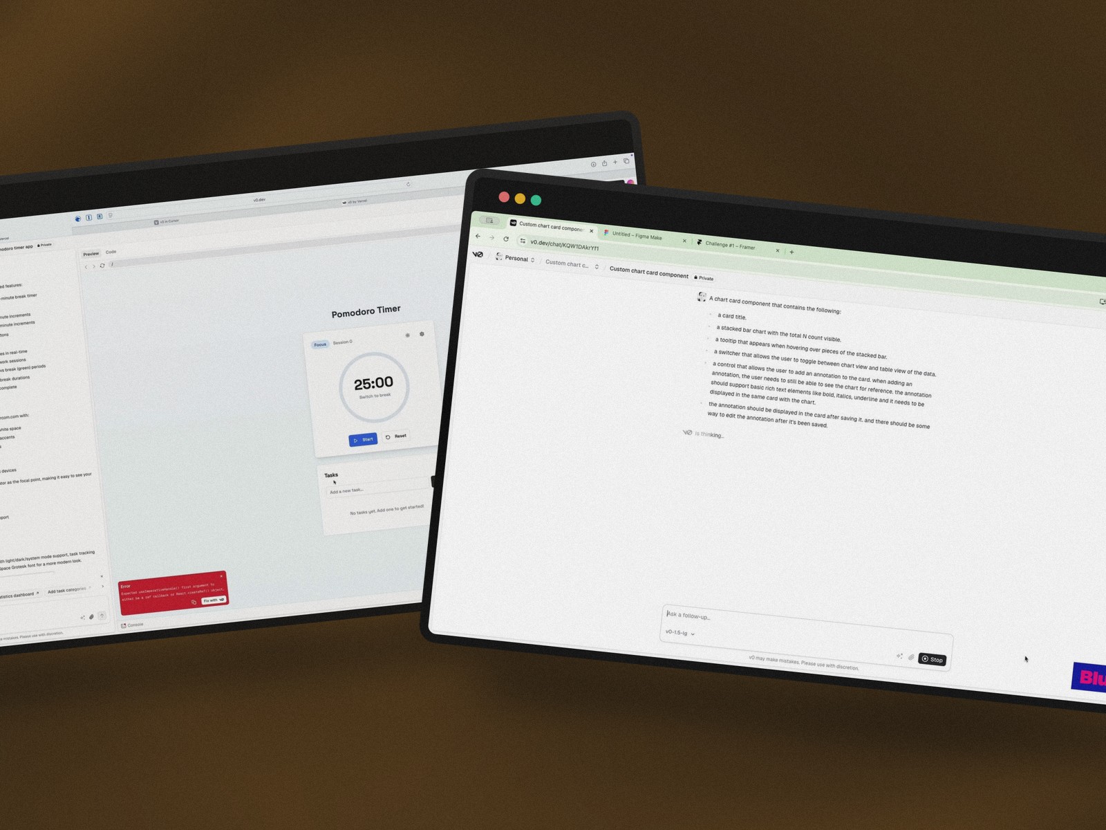v0.dev à gauche générant une application Pomodoro, à droite le prompt du défi de comparaison avec un composant de tableau de bord