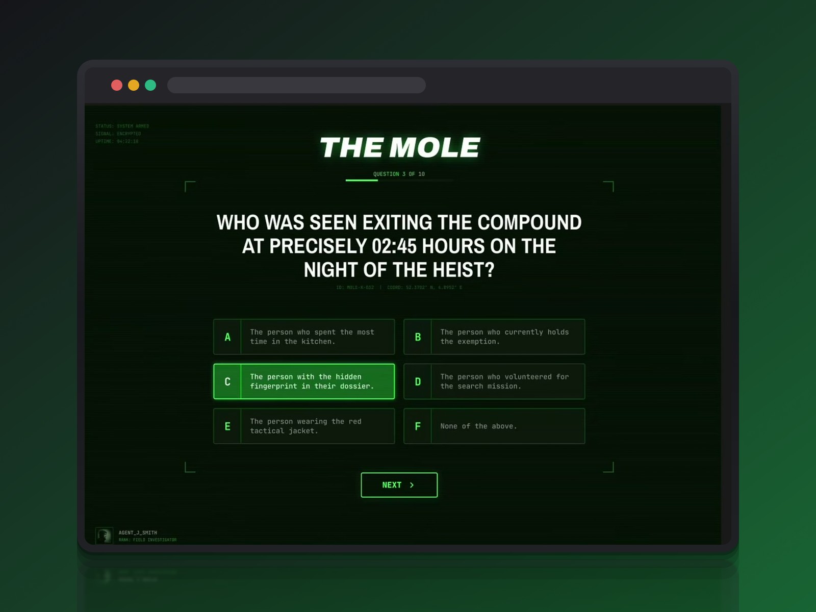 Écran de quiz conçu dans Figma avec une esthétique terminal/espionnage, avant toute génération de code