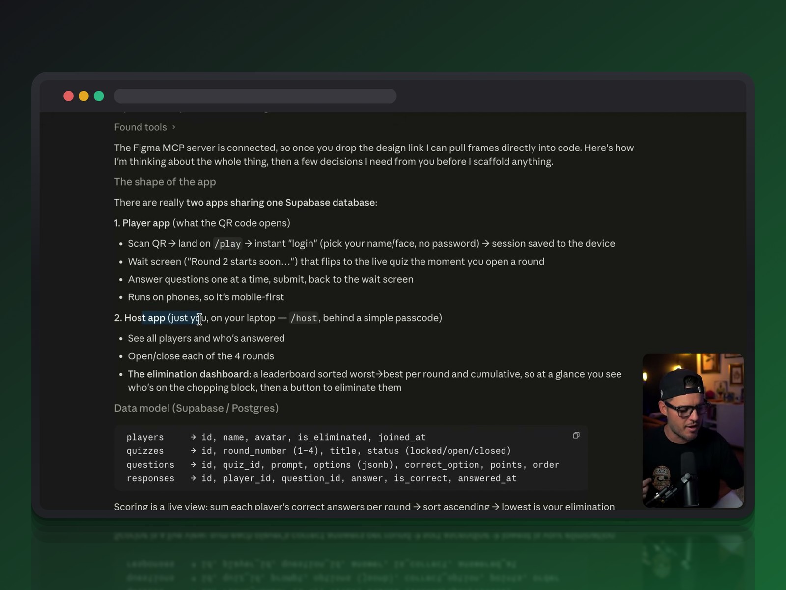 Claude détaille par écrit l'architecture technique de l'application (apps, modèle de données Supabase) avant de coder